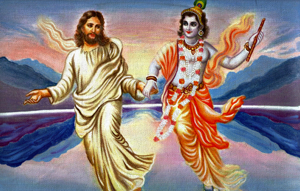 ilustracion de jesus y krishna sosteniéndose de la mano 